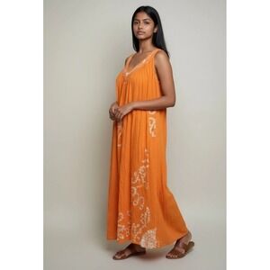 Vtg Beach Dress Gauze Maxi Orange Embroidered Hawaiian Hippie Boho large XL